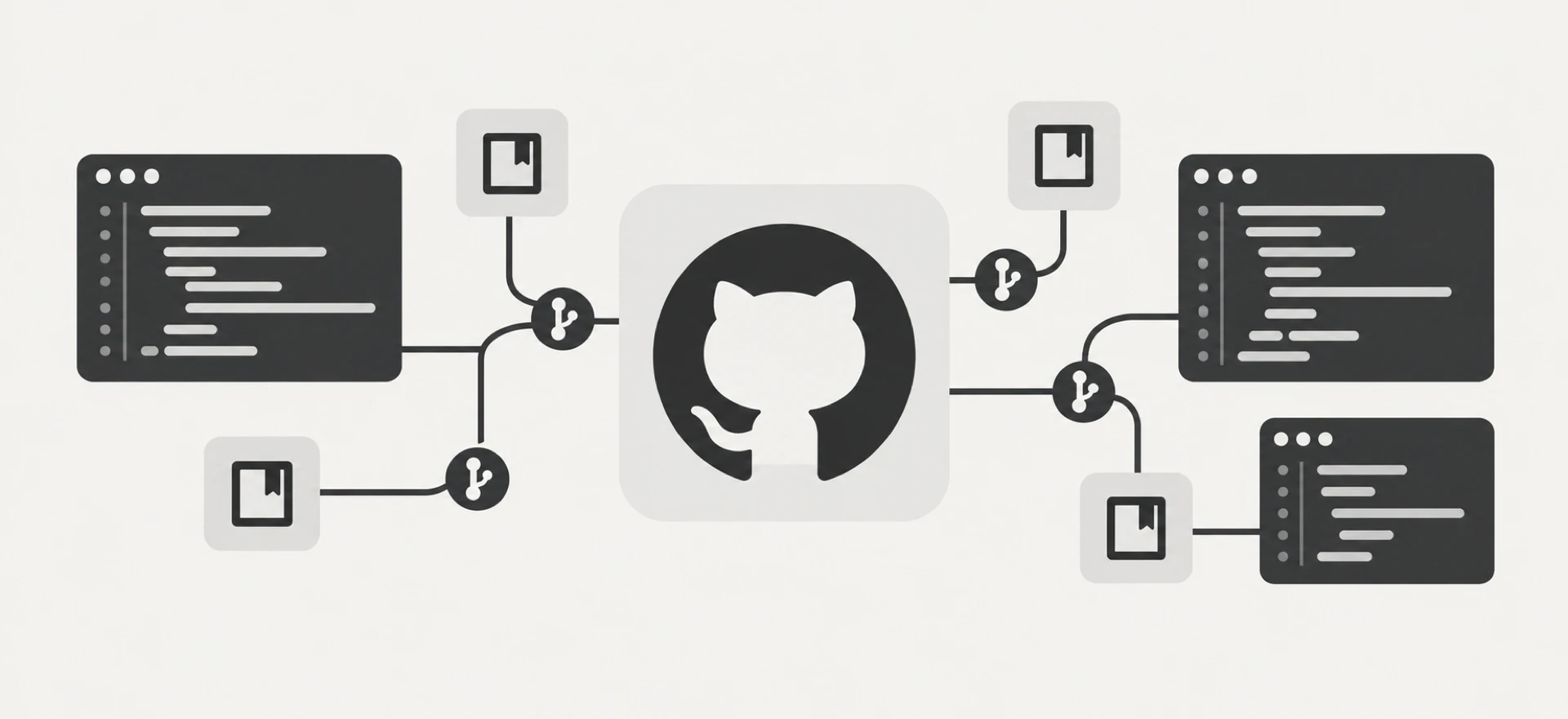 浅色背景上的 GitHub 标识、代码窗口与分支节点,呈现开源协作与知识共享